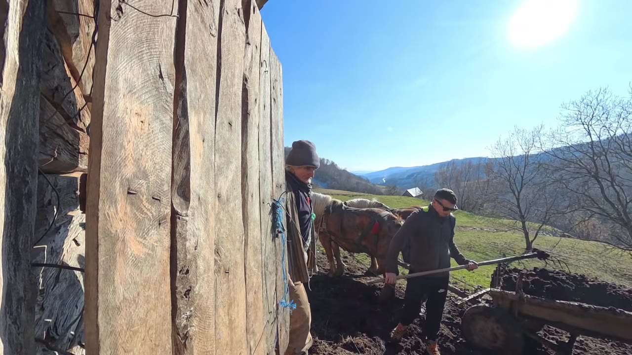 Traditional carved wooden gate and timber houses in the Maramureș countryside