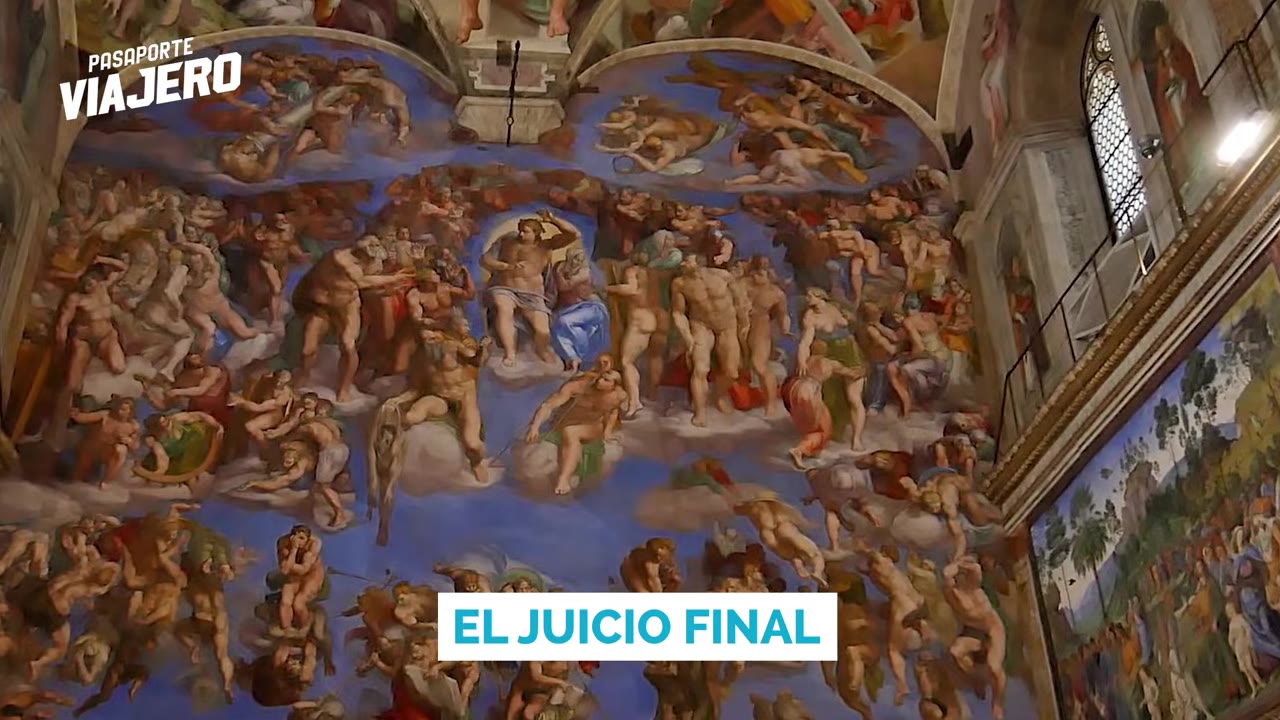 Detail of Renaissance frescoes and visitors inside the Vatican Museums route